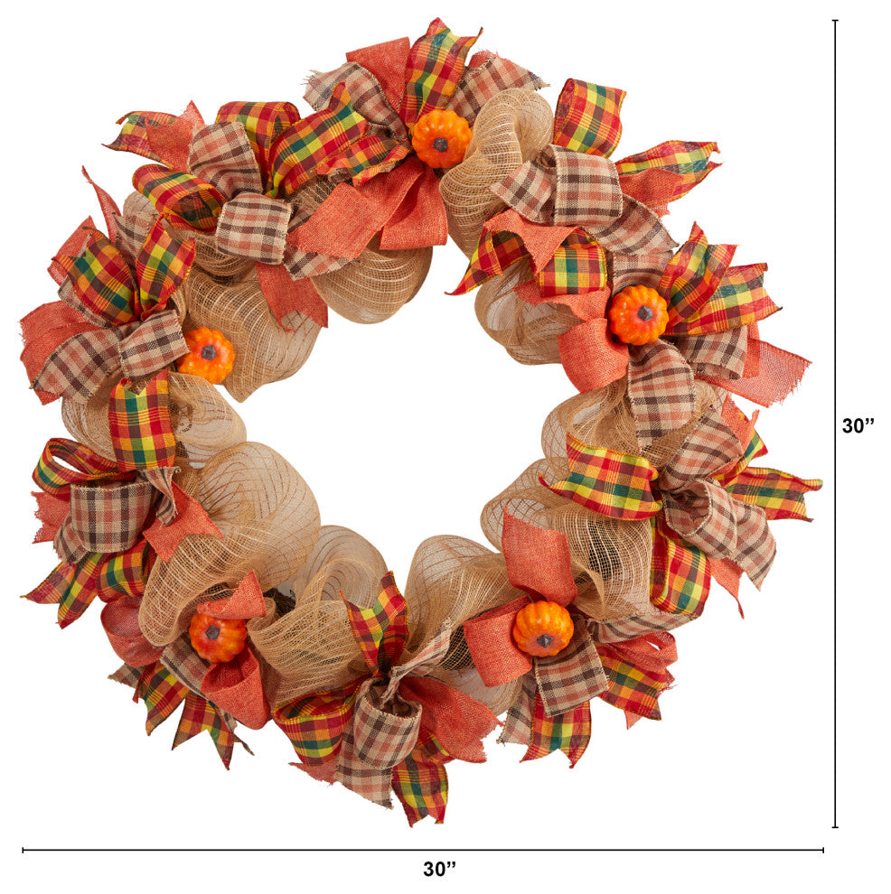 W1184 30 Autumn Pumpkin With Decorative Bows Artificial Fall Wreath