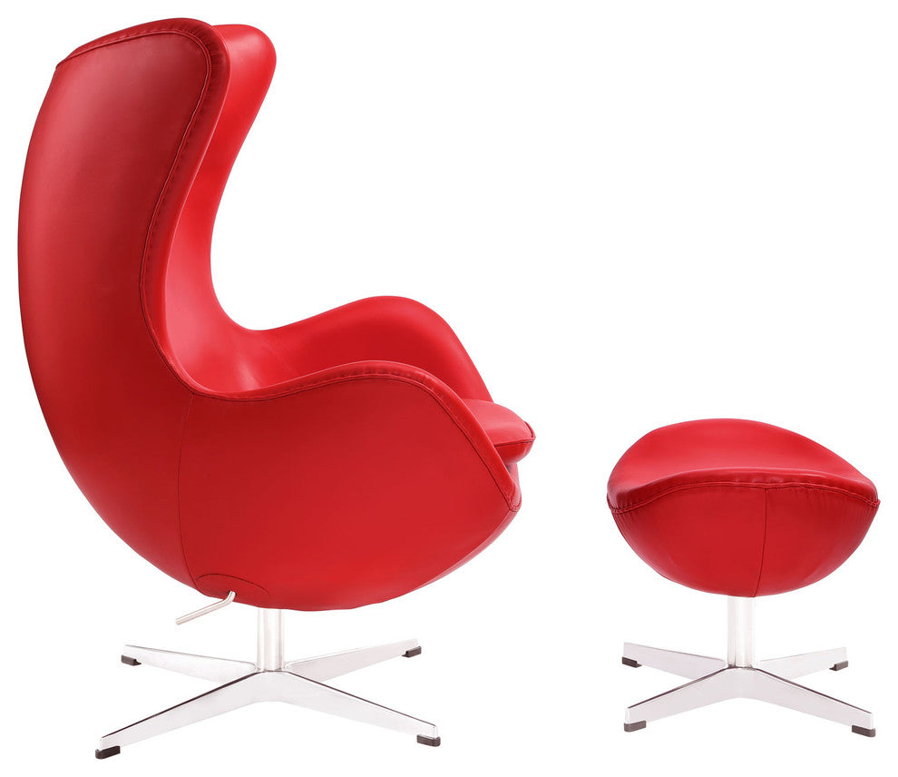 Modern Contemporary Living Room Leather Lounge Chair and Ottoman Red