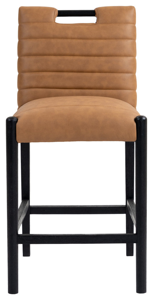 Aimee Upholstered Counter Stool, Cognac, Vegan Leather, Black Finish