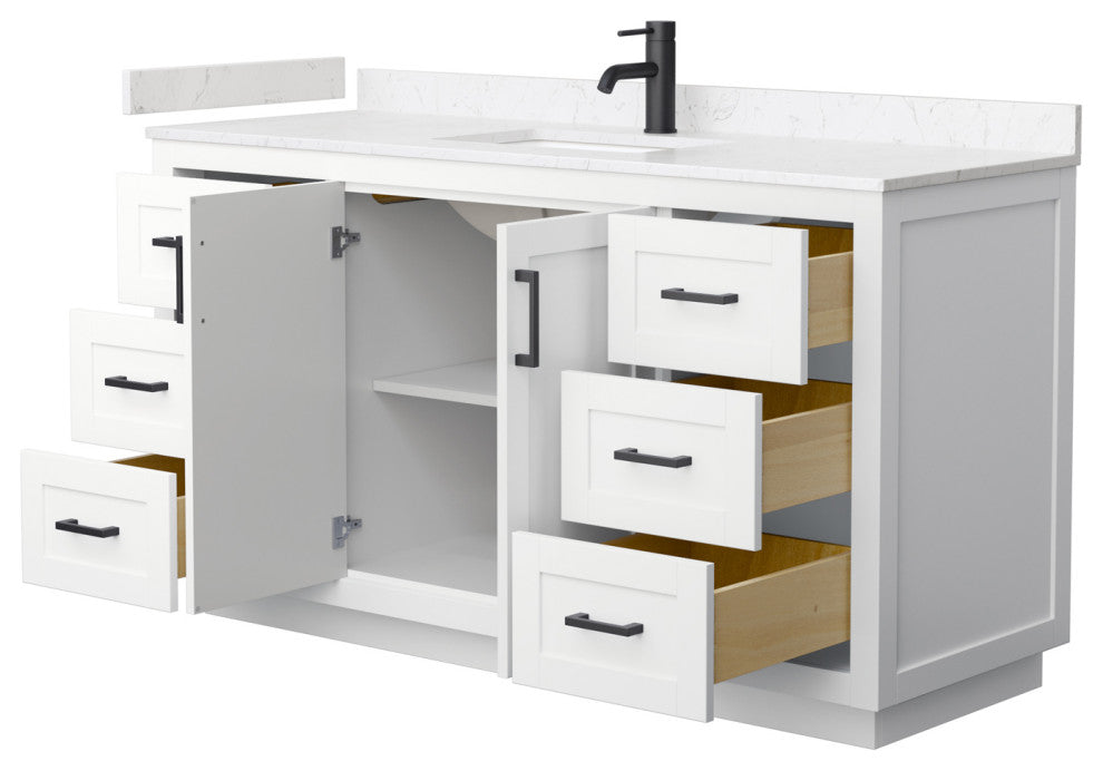 60"SGL Vanity White, Light-Vein Carrara Cult. Marble Top, Sink, Black Trim