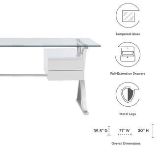 Sector 71" Glass Top Glass Office Desk, White