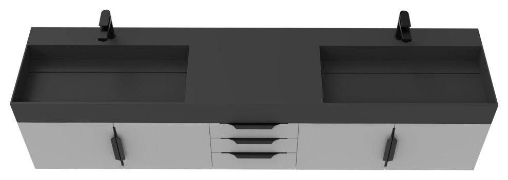 CastelloUSA Amazon 84" Wall Mounted Bathroom Vanity Set, Gray, Black Top, Black Handles