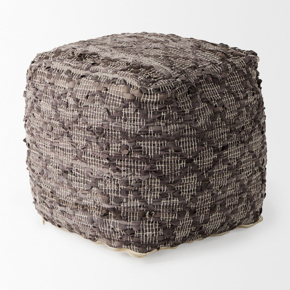 Falguni 16Lx16Wx16H Gray Leather and Cotton Patterned Pouf