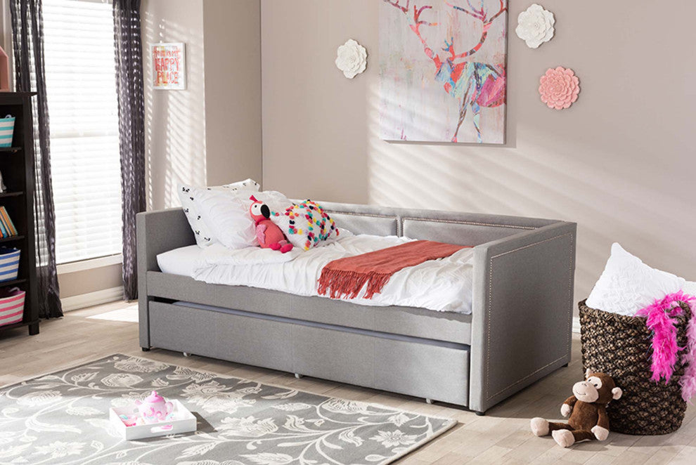 Keegan Linen Fabric Nail Heads Trimmed Sofa Twin Daybed With Trundle, Gray