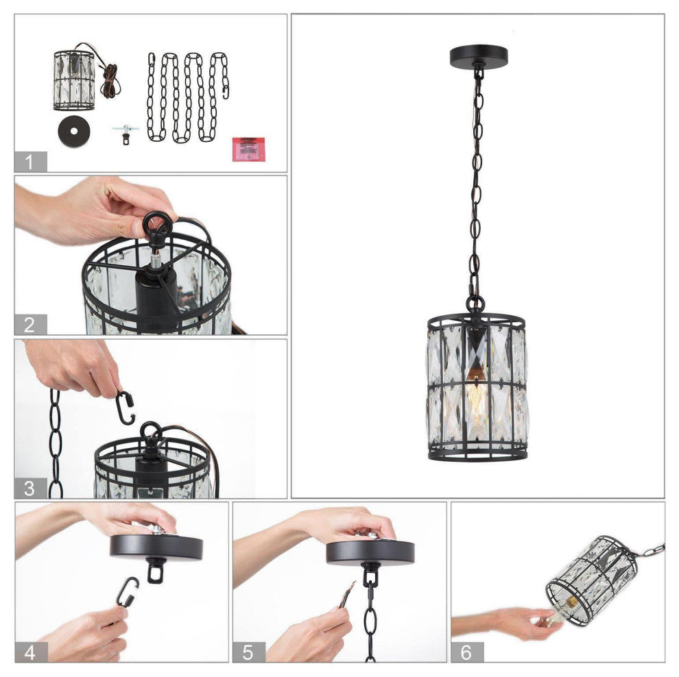 LNC Modern/Contemporary Crystal Black Ceiling Lighting, 5.5" Width, 1-Light Pendant
