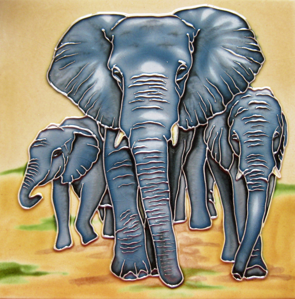 4x4" Elephant With 2 Babies Art Tile Ceramic Drink Holder Coaster