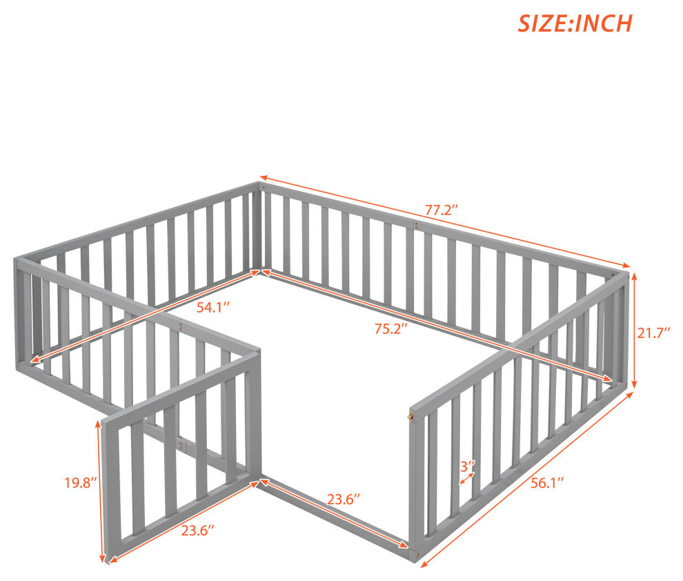 TATEUS Stylish and Versatile Floor Bed for Kids"™Bedroom Fences, Gray, Full