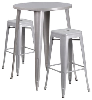 30" Round Silver Metal Bar 3-Piece Table Set With 2 Square Seat Backless Stools