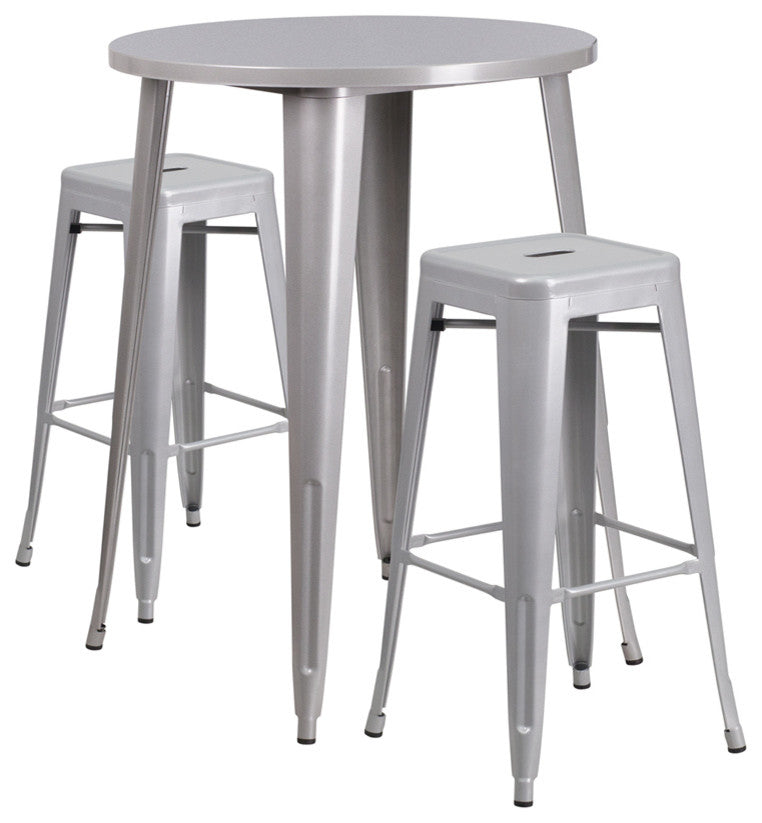 30" Round Silver Metal Bar 3-Piece Table Set With 2 Square Seat Backless Stools