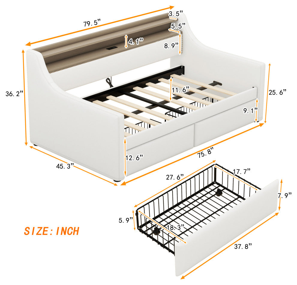 Gewnee  Twin Size Daybed with Drawers, Upholstered Daybed