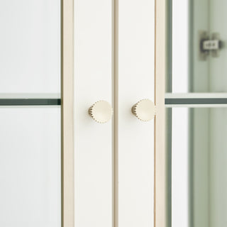 Full cabinet with glass doors and shelves; white background