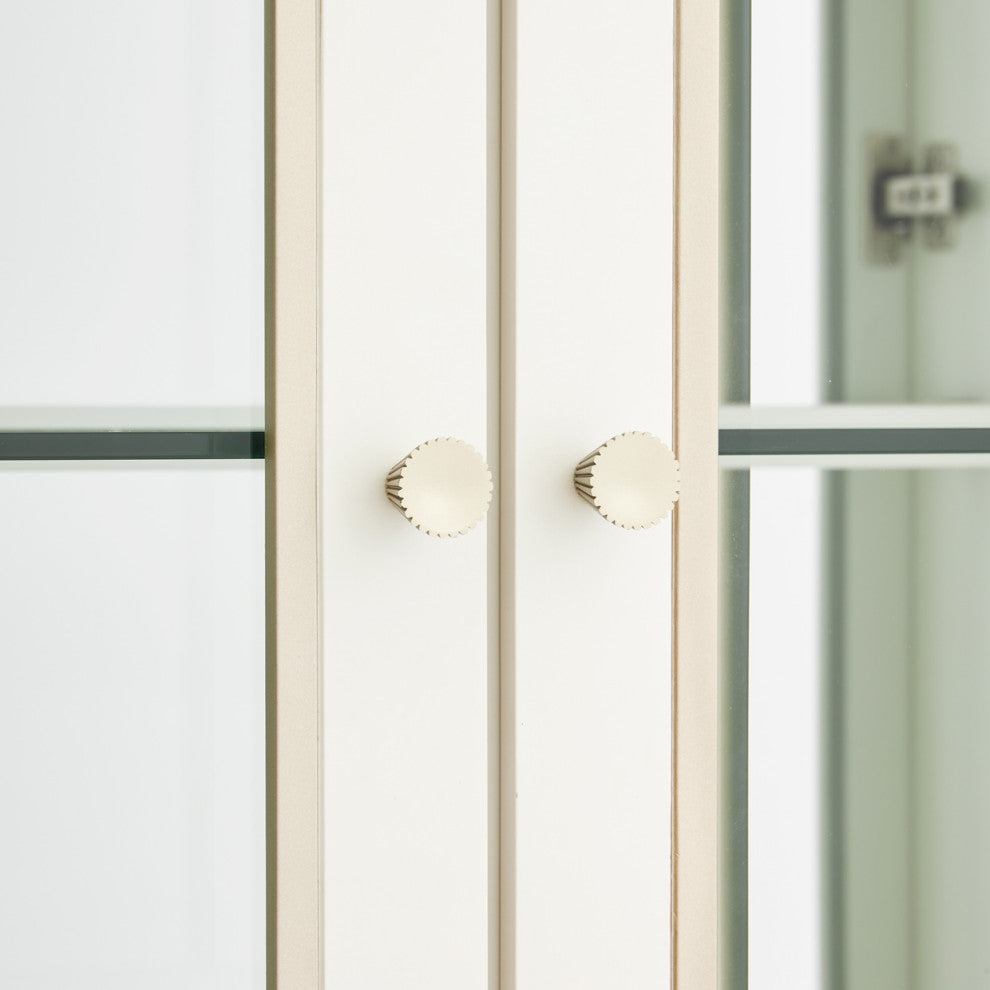 Full cabinet with glass doors and shelves; white background