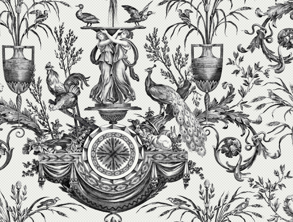 Avian Fountain Toile Black Wallpaper