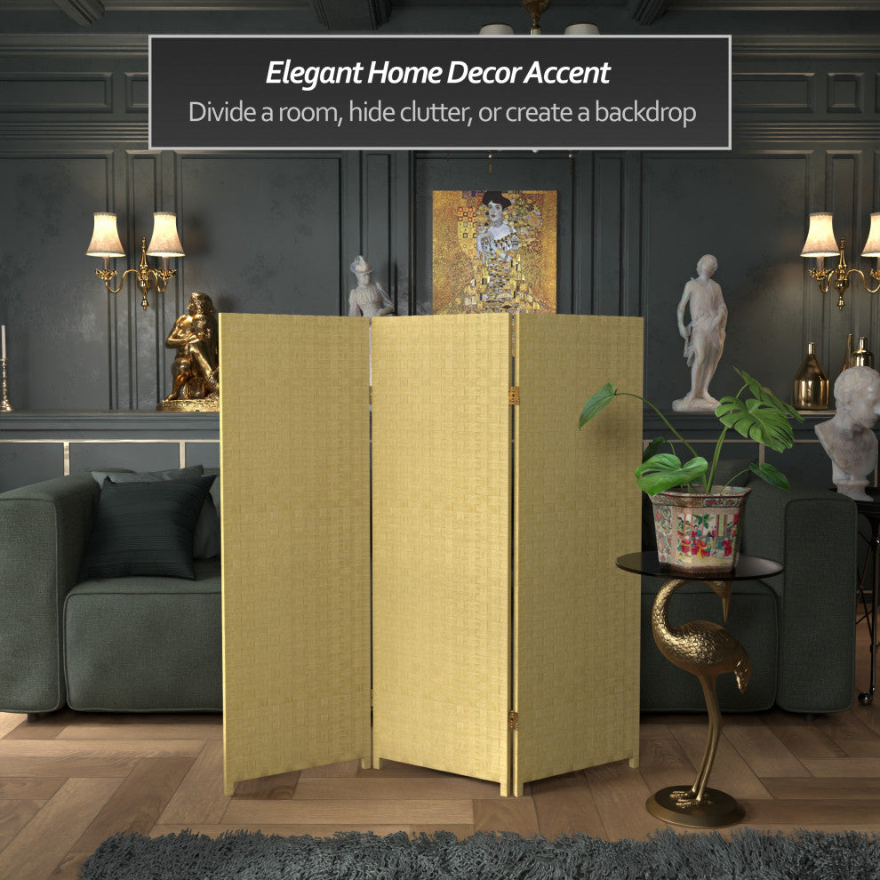 4' Tall Woven Fiber Room Divider, Dark Beige, 3 Panel