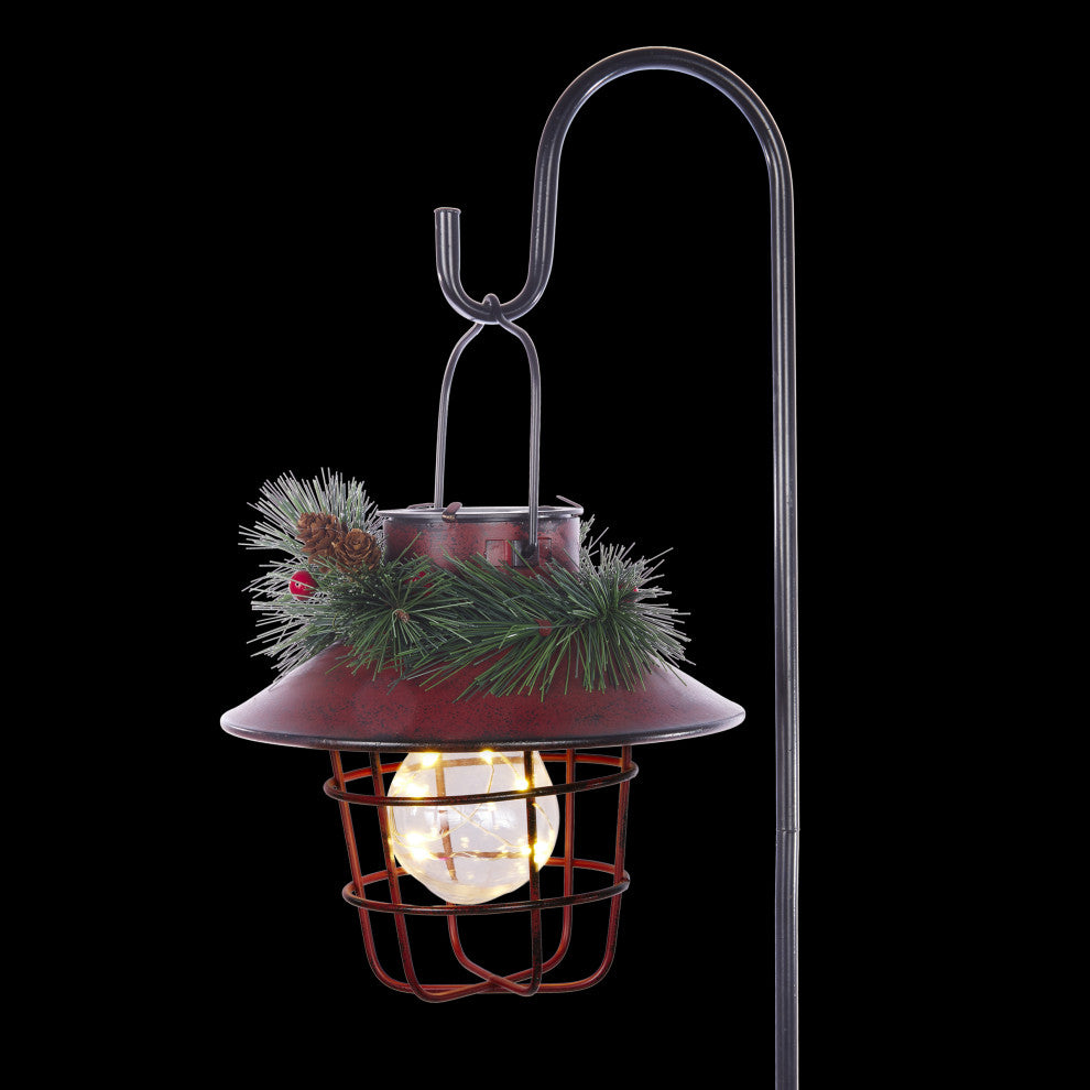 Metal Lantern w/ Shepherd's Hook and Warm White LED, Red