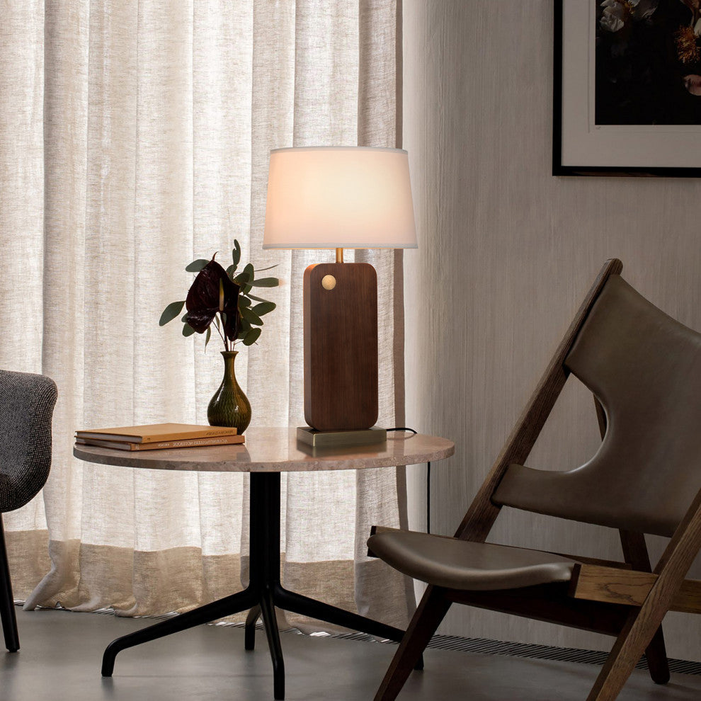 Laurel Table Lamp - Ebony Wood Finish, Weathered Brass, White Linen Shade, Dark Walnut