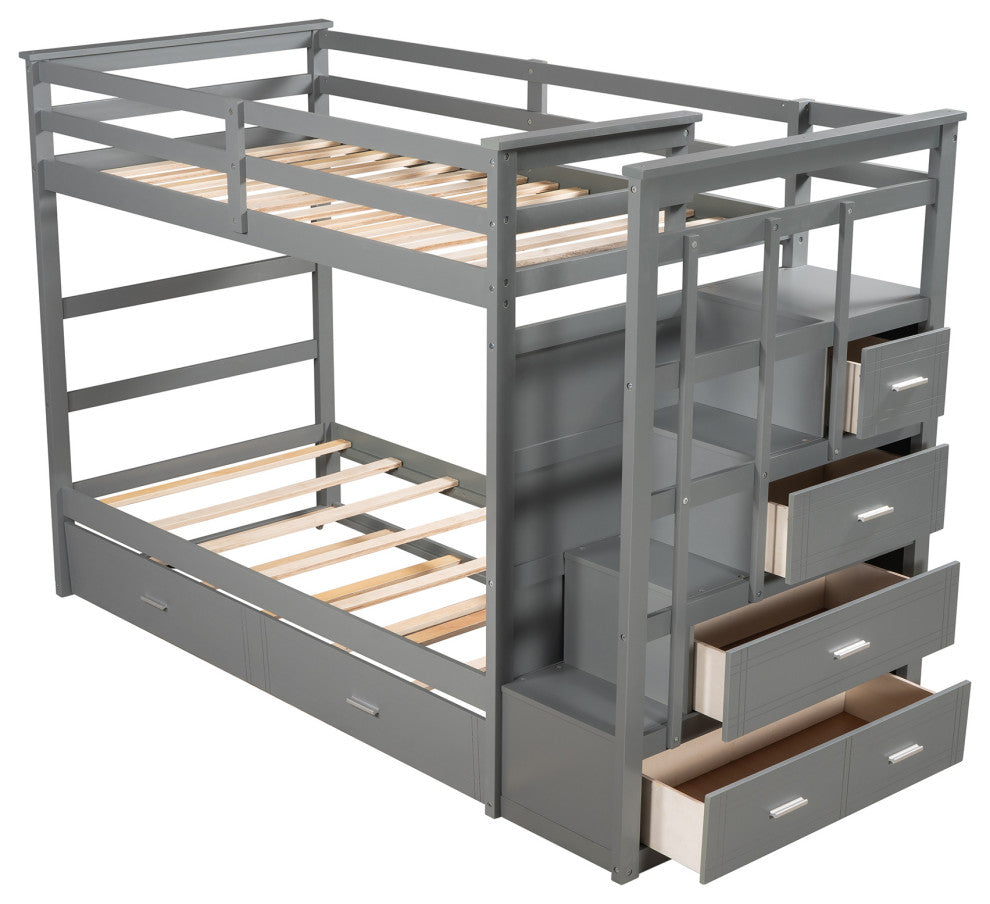 Gewnee Solid Wood Twin Over Twin Bunk Bed with Trundle and Staircase in Gray