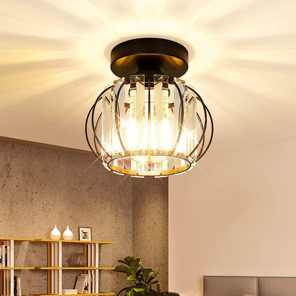 Semi Flush Mount Lamp, Farmhouse, Crystal Black Cage, 2 Pack