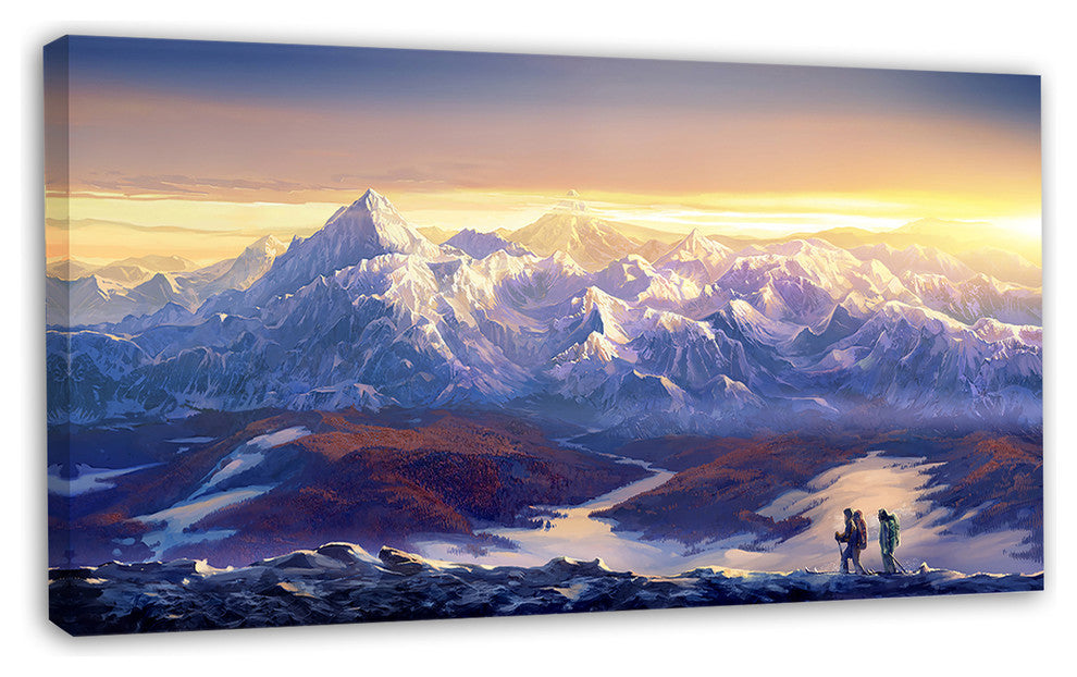 Winter Mountains with Tourists, Landscape Canvas Wall Art, 32"x16"