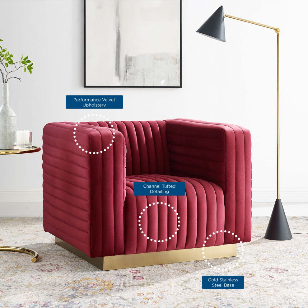 Tufted Armchair Accent Chair, Velvet, Red, Modern, Living Lounge Hospitality