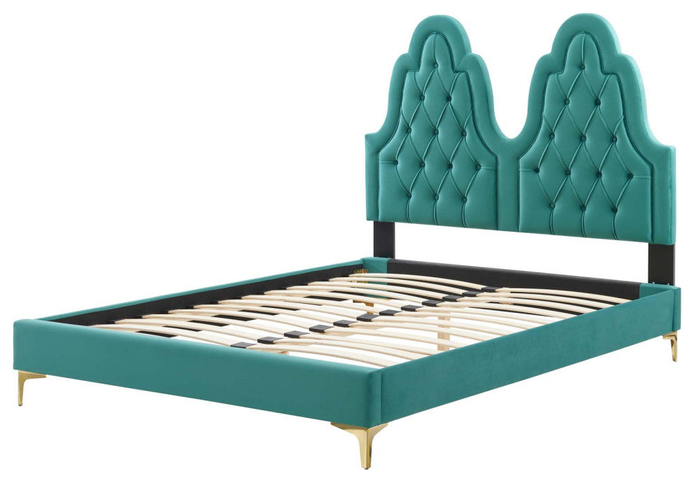 Tufted Platform Bed Frame, King Size, Velvet, Teal Blue, Modern Contemporary