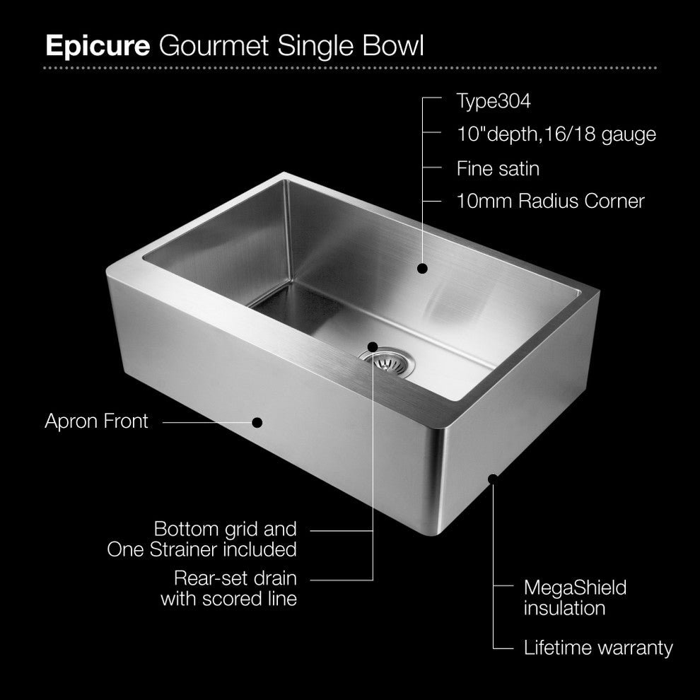 Houzer ENG-3320 Epicure Series Apron Front Gourmet Single Bowl Kitchen Sink