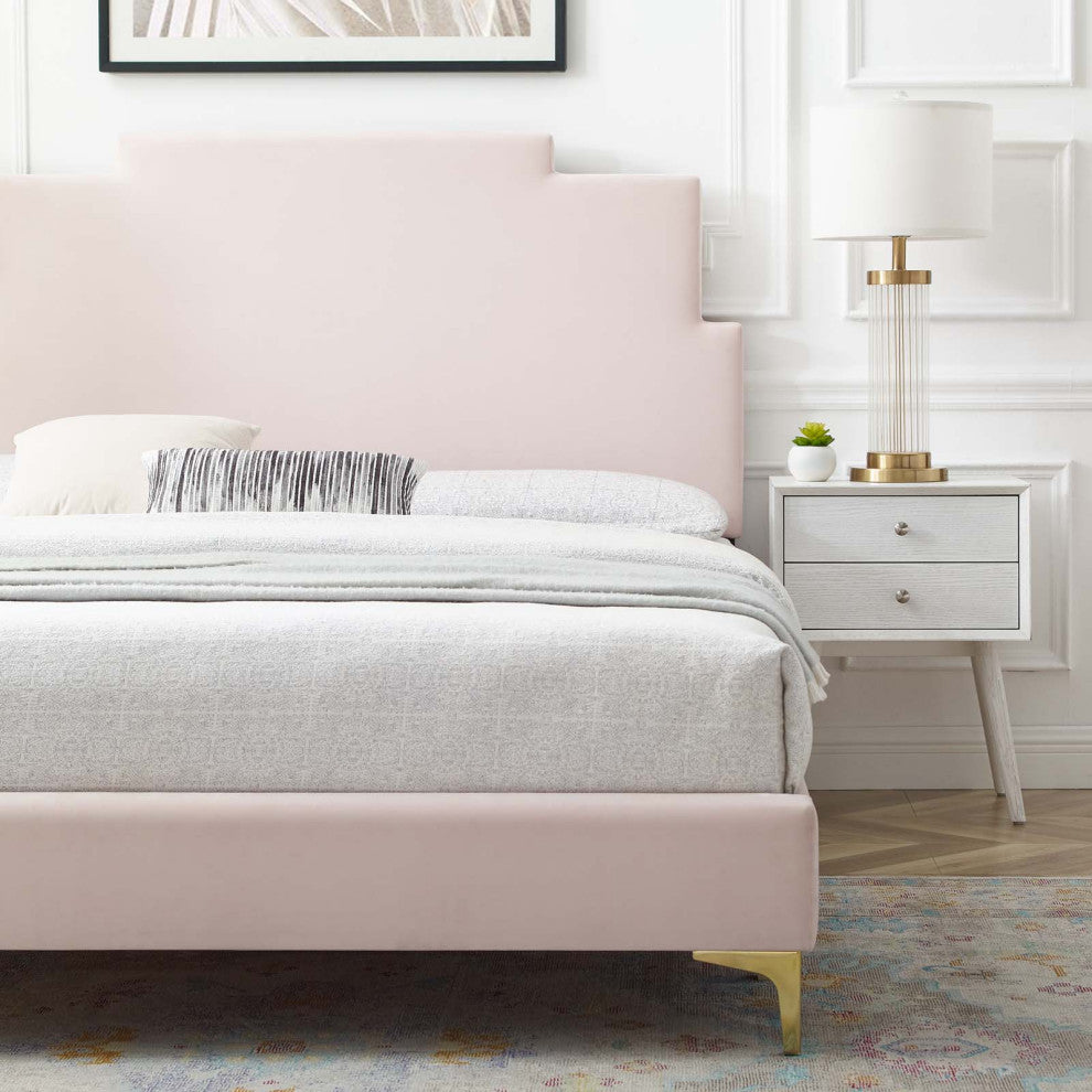 Platform Bed Frame, King Size, Velvet, Pink, Modern Contemporary, Bedroom Master