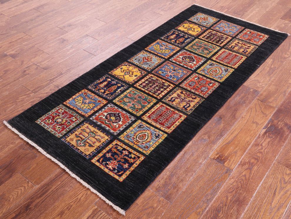 2' 8" X 6' 0" Black Persian Garden Design Hand-Knotted Runner Rug Q10689