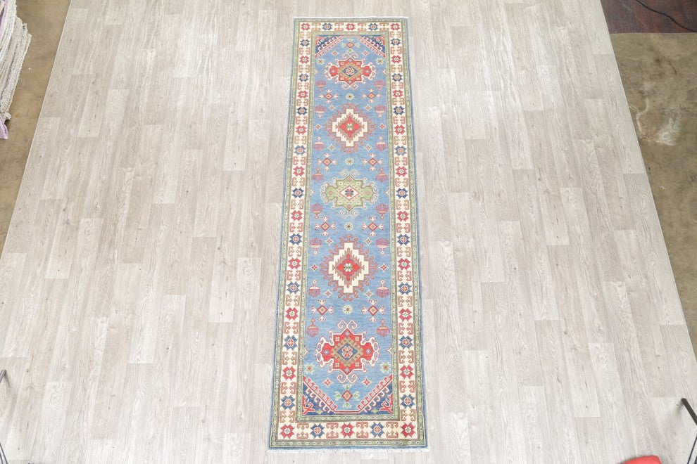 Kazak Oriental Hand Made Pakistani Traditional Wool Runner Rug, Blue, 9'9"X2'9"