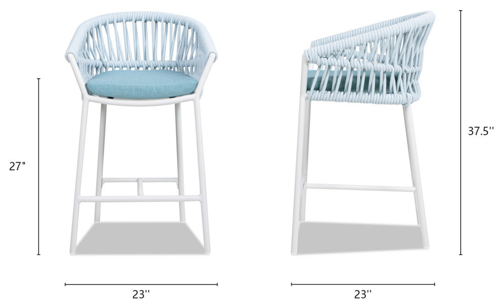 Maiden 27" Woven Barrel Back Outdoor Patio Counter Stool, Set of 2, Sky Blue Sunproof Olefin