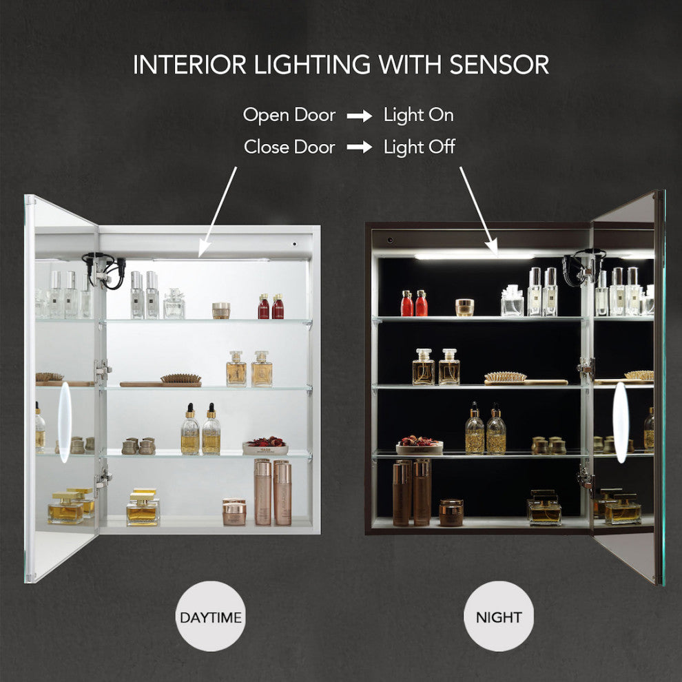 LED Medicine Cabinet With Defog, Dimmer, Makeup Mirror, Outlets, 24/R/3x