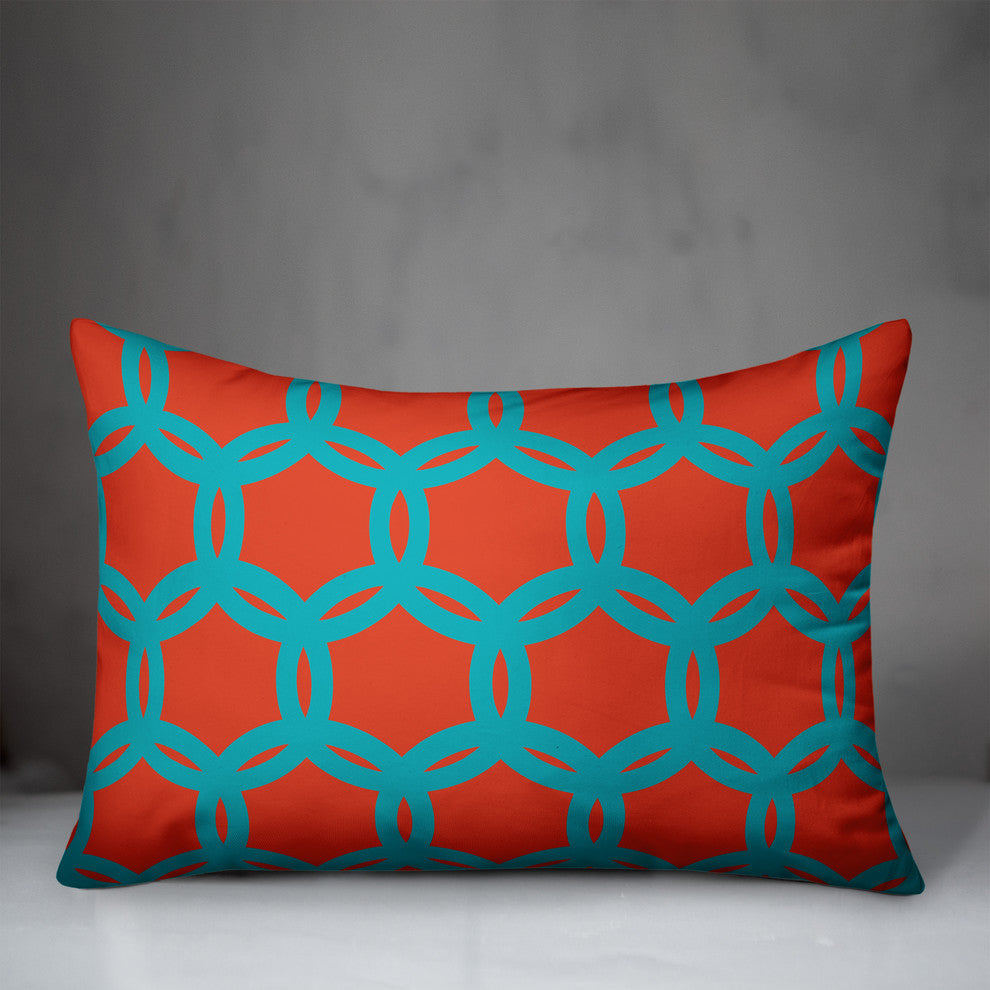 Orange and Teal Geo Pattern Outdoor Throw Pillow, 14x20