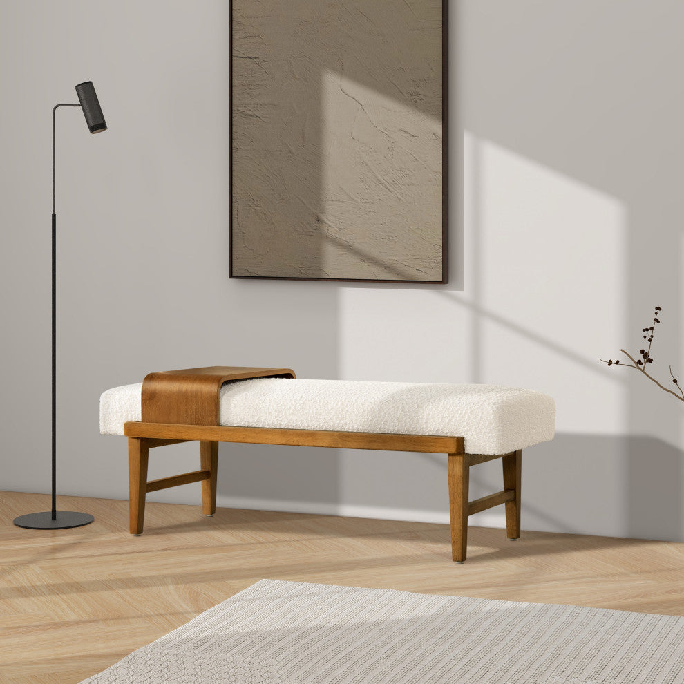Billie 52" Modern Telephone Bench With Sliding Shelf, Ivory White Boucle
