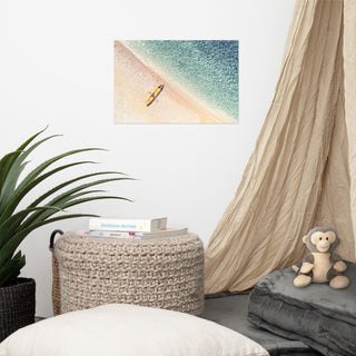 Yellow Canoe & Blue Sea with Soft Violet Effect Landscape Photo Loose Art Print, 12" X 18"