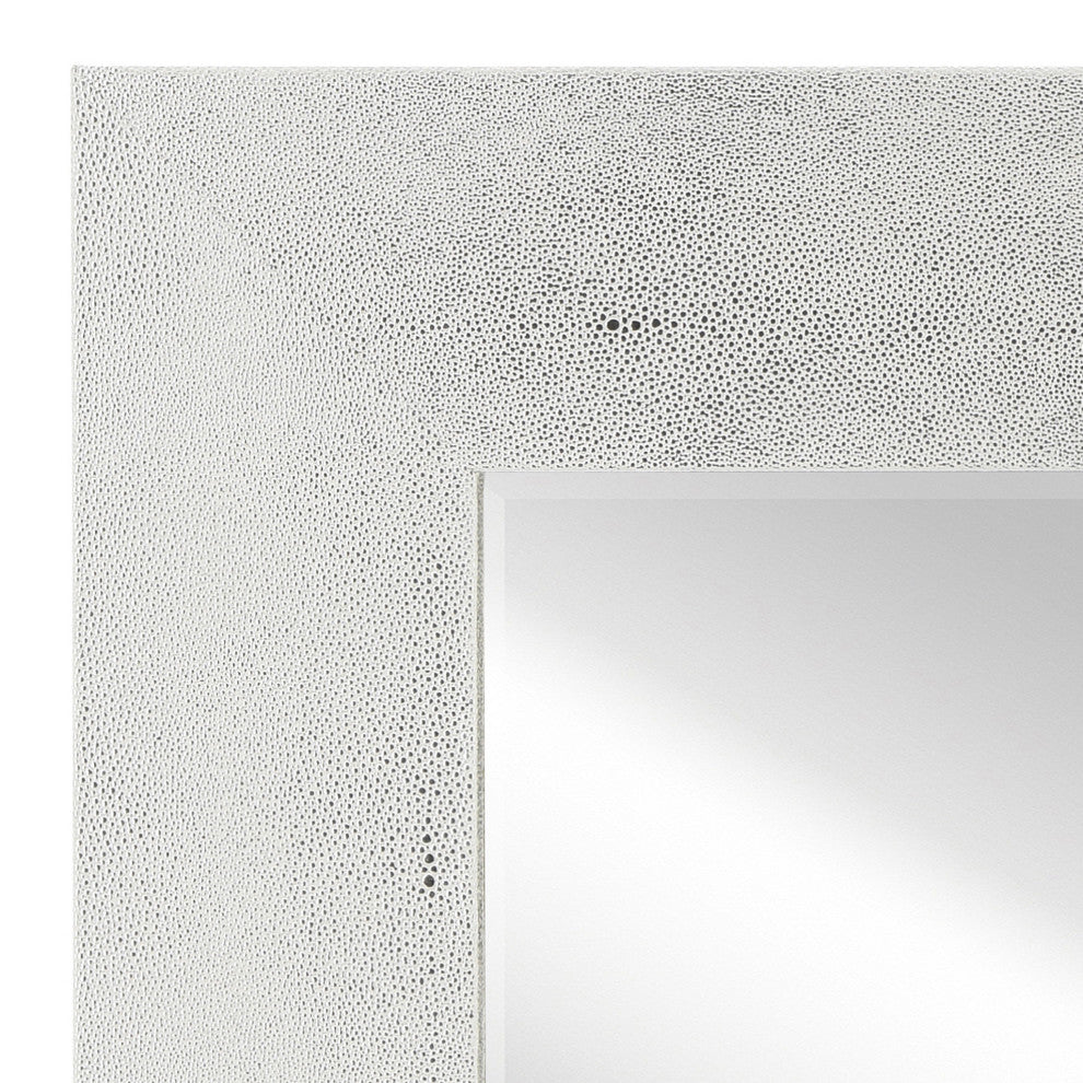 Beveled Wall Mirror, Silver on White Metallic Shagreen Leather Framed Mirror
