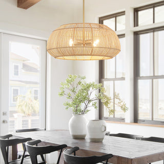22" W 4 Light Rattan Pendant Chandelier With Brass Canopy