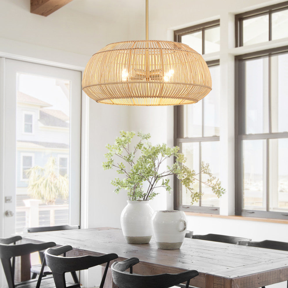 22" W 4 Light Rattan Pendant Chandelier With Brass Canopy