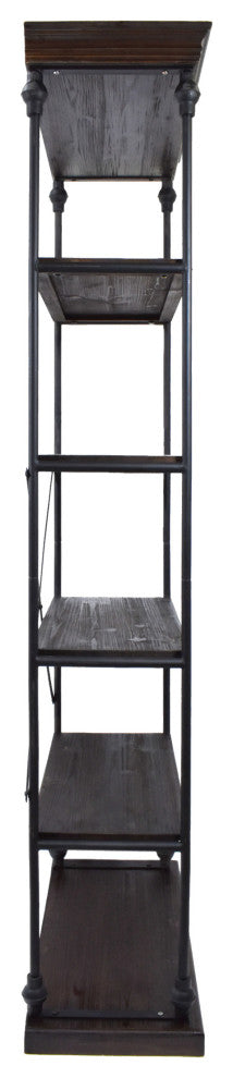 Alma Industrial 5 Shelf Firwood Bookcase, Dark Walnut, Black