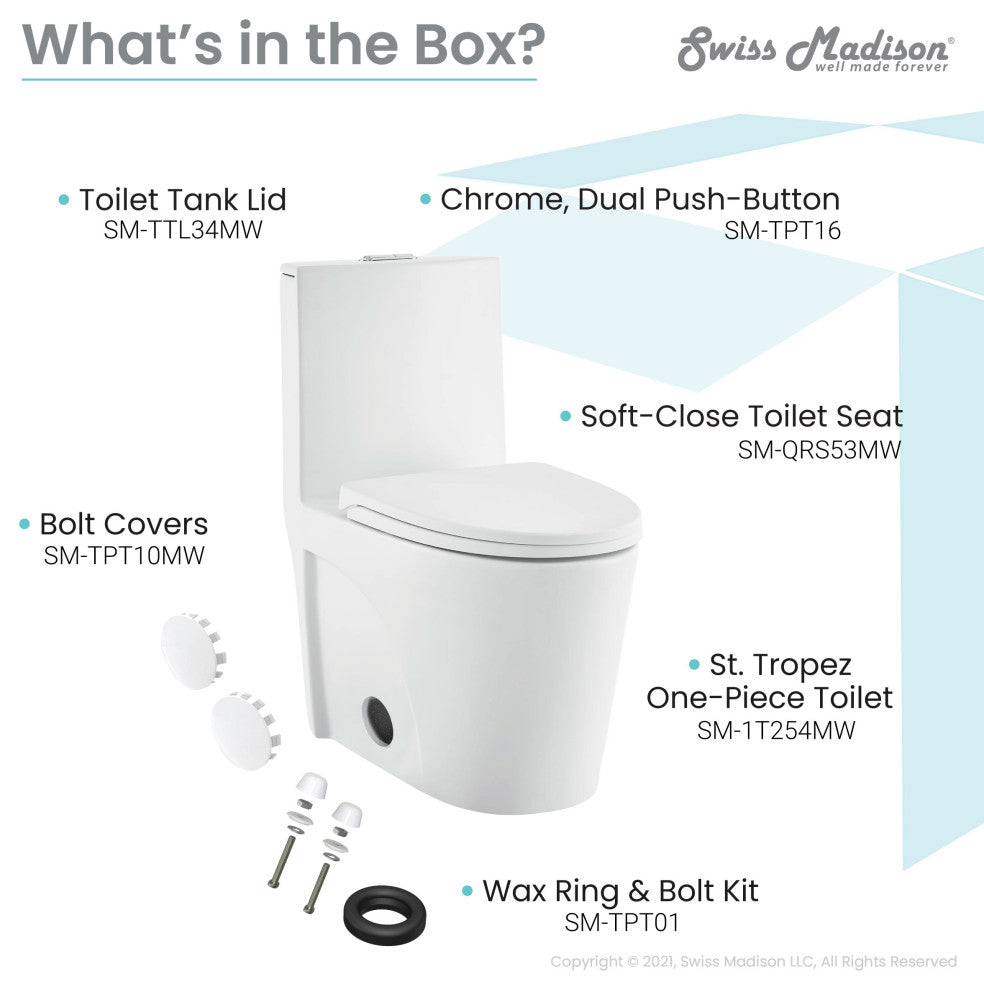 St. Tropez Elongated Toilet, Dual Vortex Flush, Matte White
