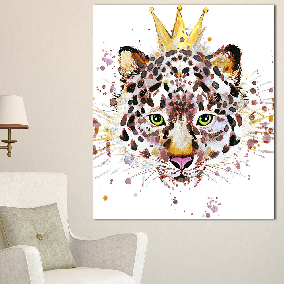 Leopard Head with Golden Crown, Contemporary Animal Art Canvas, 30"x40"