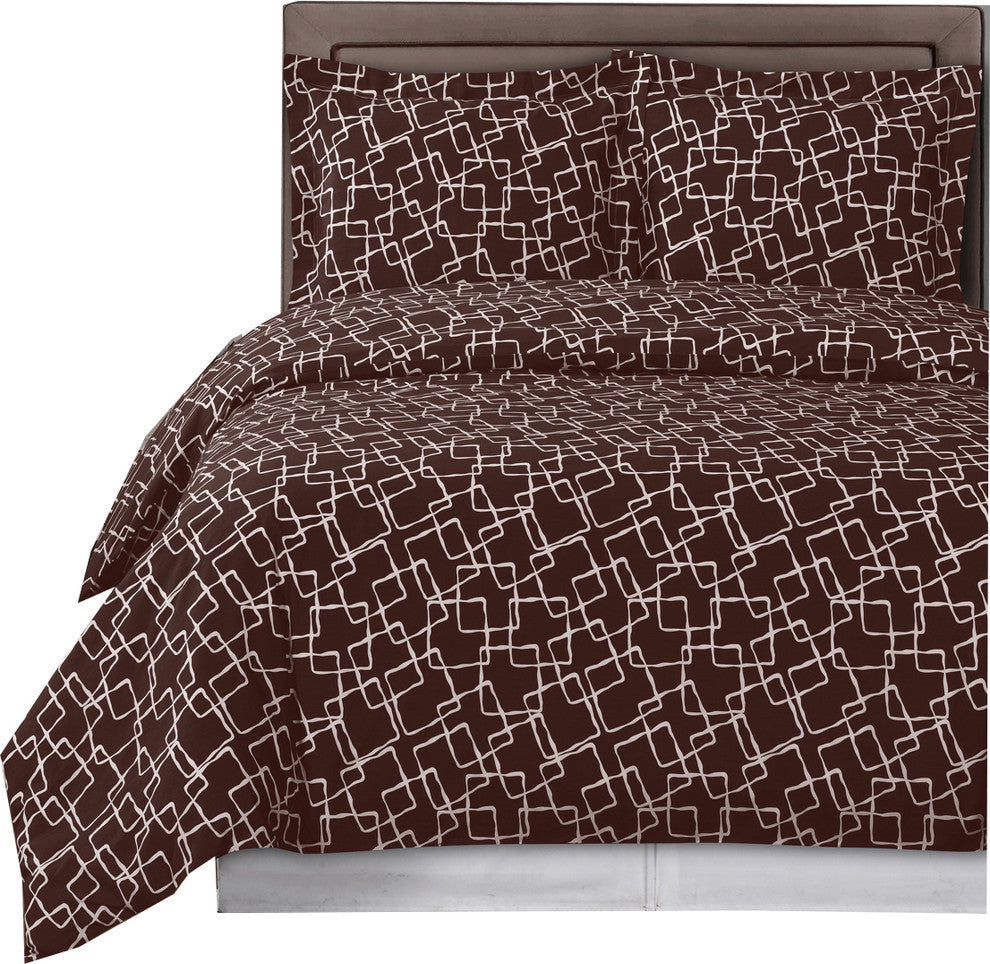 Eva Printed 100% Cotton Duvet Cover Set, Chocolate and White, King/Cal King