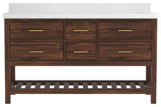 Parker Teak 60" Double Sink Vanity, Dark Walnut Teak, 60" Double, 2" White Quartz