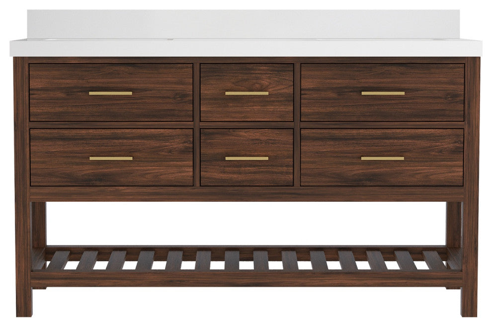 Parker Teak 60" Double Sink Vanity, Dark Walnut Teak, 60" Double, 2" White Quartz