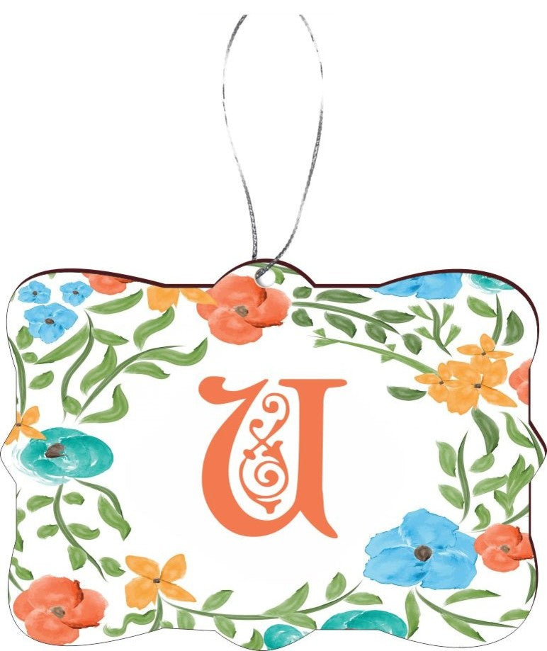 Letter U Monogram Floral Peachy Blue Rectangle Design Christmas Tree Ornament