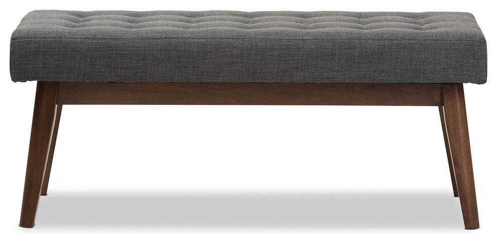 Elia Mid-Century Modern Walnut Wood Dark Gray Button-Tufted Bench