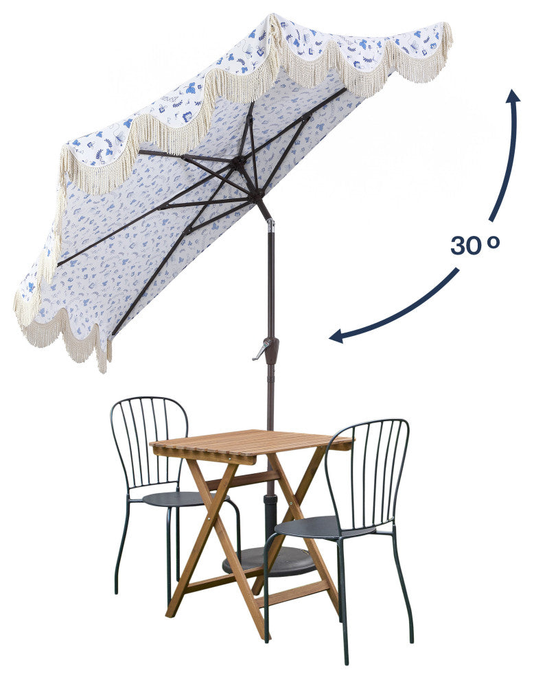 9ft Half Market Umbrella, Scalloped Fringe, Crank, Button Tilt, UV Protection