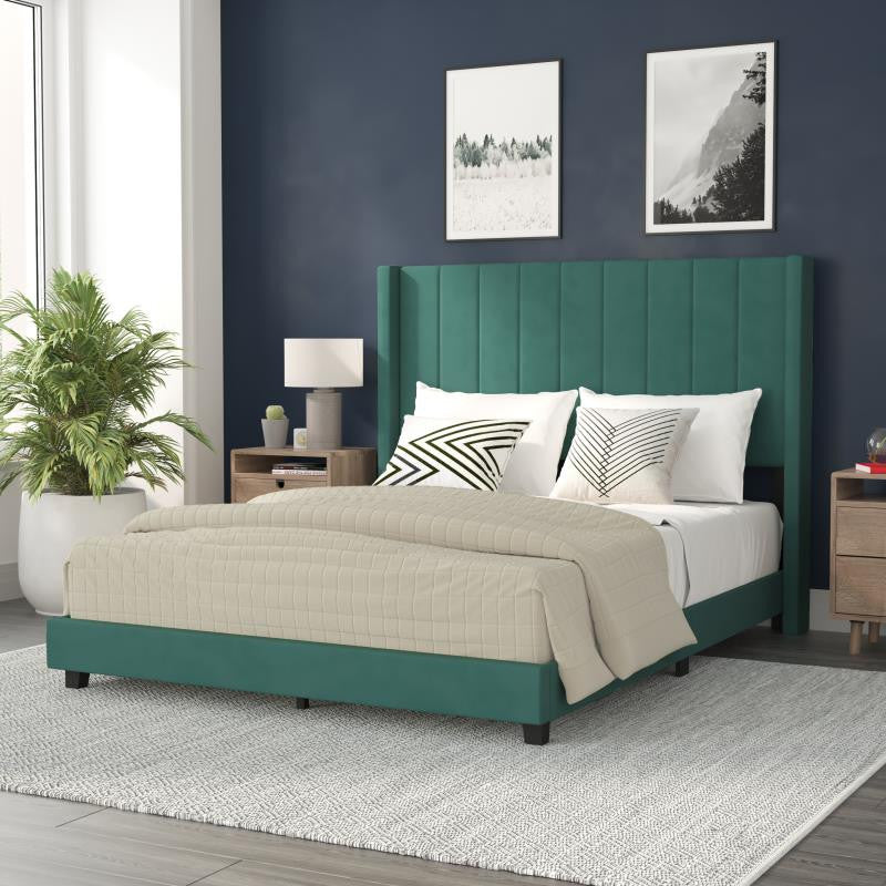 Bianca Upholstered Platform Bed w/Vertical Stitched Wingback Headboard, Emerald Velvet, Queen