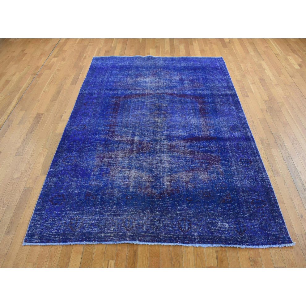 Purple, Overdyed Persian Viss Design Soft Wool Hand Knotted Rug, 6'10"x10'1"