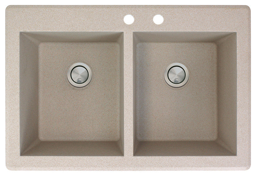 Radius 33" silQ Granite Double Bowl Kitchen Sink with 2 Holes in Cafe Latte