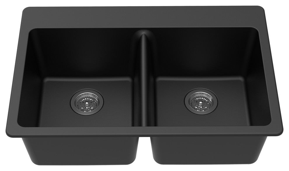 Winpro Dual-Mount Kitchen Sink, Equal Double Bowl, Granite Quartz, 33", Black